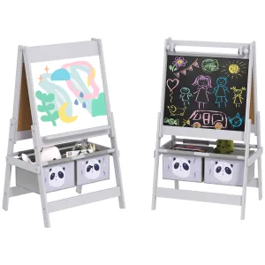 AIYAPLAY Kids Easel with Paper Roll, Blackboard, Whiteboard, Storage, Grey