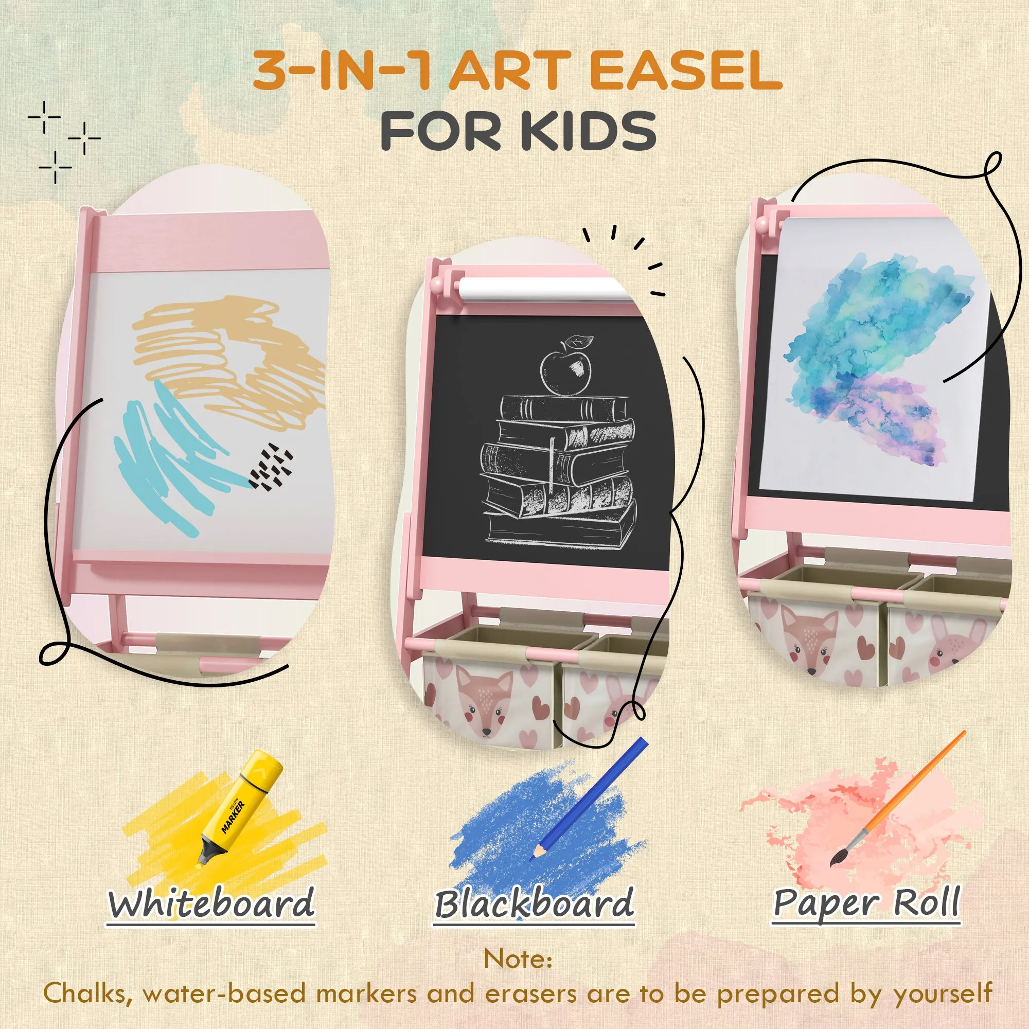 AIYAPLAY Kids Easel with Paper Roll, Blackboard, Whiteboard, Storage, Pink