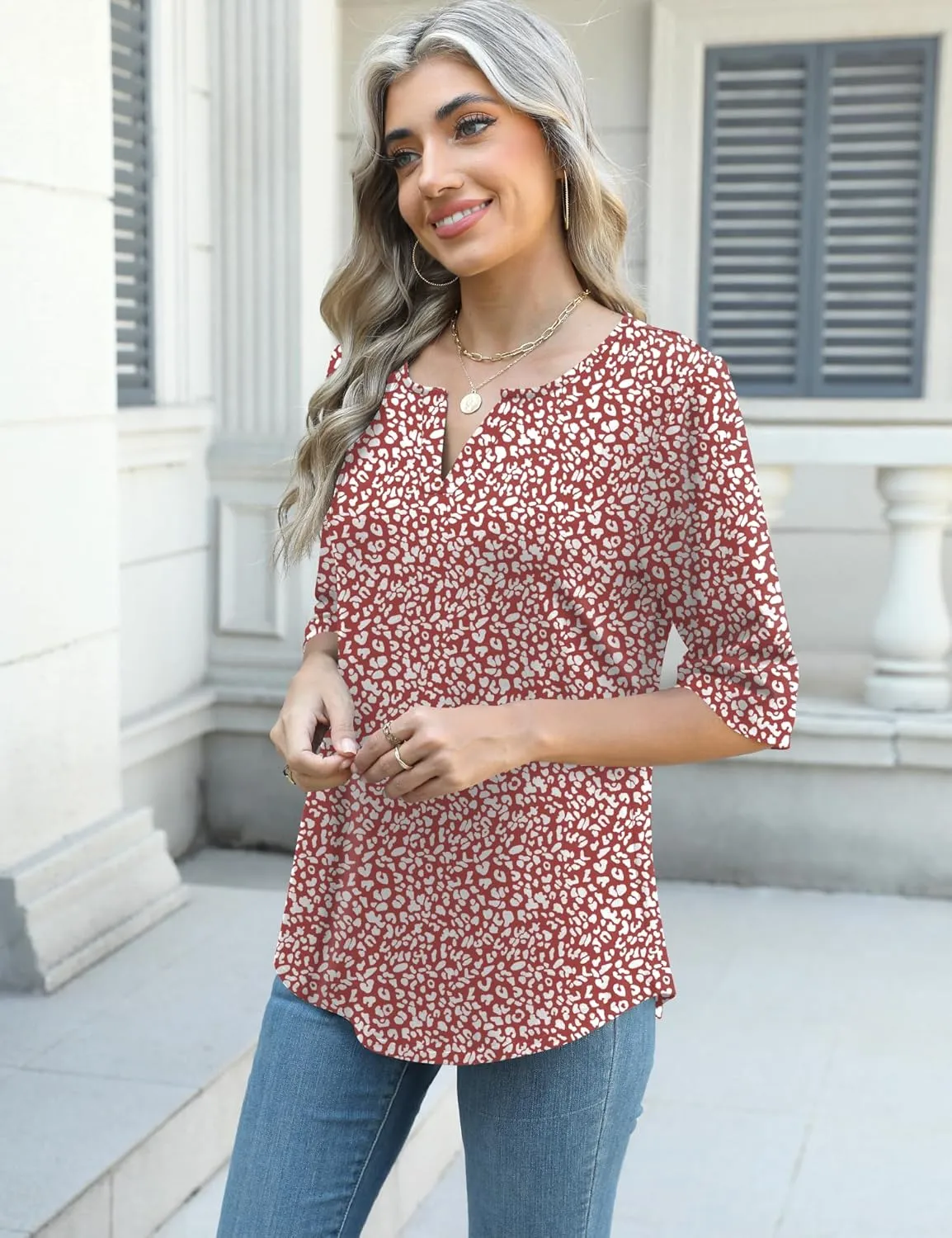 AKEWEI Women's V Neck 3/4 Sleeve T Shirts Summer Top Dressy Casual Basic Tees Shirt Tunic Blouses