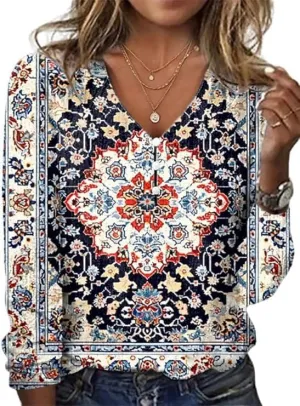 Akivide Women's Long Sleeve V Neck Button Dressy Casual Boho Floral Blouse Colorful Ethnic Print Top Shirt Plus Size
