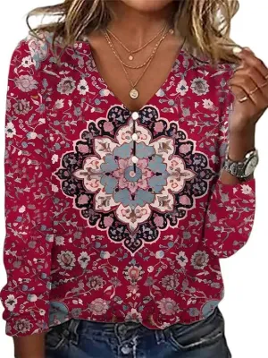 Akivide Women's Long Sleeve V Neck Button Dressy Casual Boho Floral Blouse Colorful Ethnic Print Top Shirt Plus Size