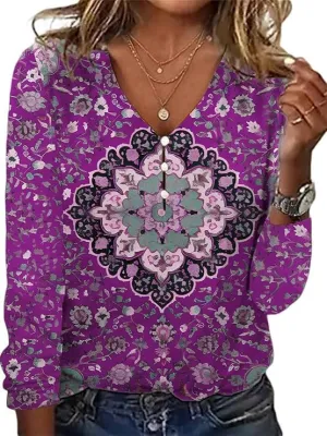 Akivide Women's Long Sleeve V Neck Button Dressy Casual Boho Floral Blouse Colorful Ethnic Print Top Shirt Plus Size
