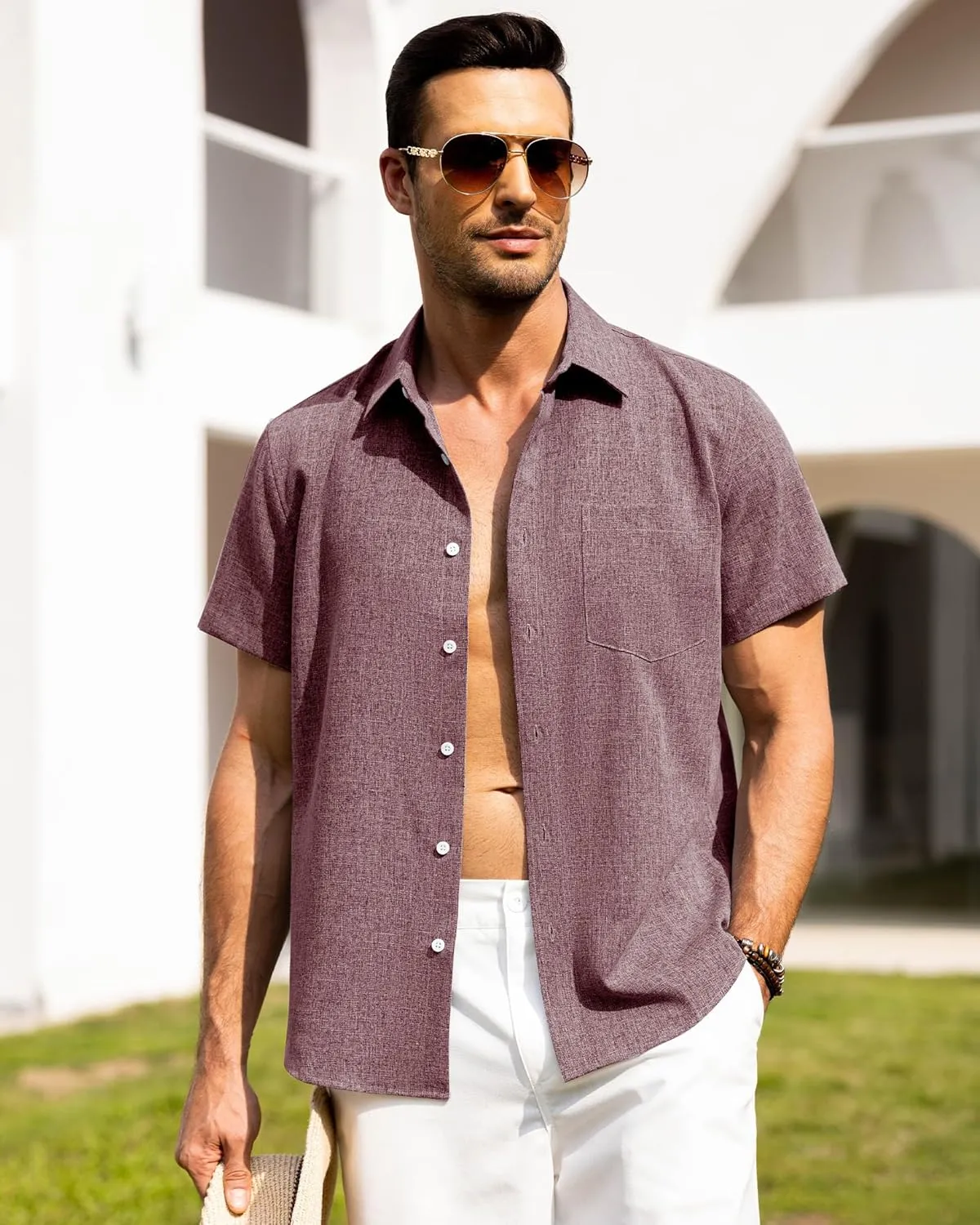 Alimens & Gentle Mens Linen Shirts Short Sleeve Button Down Shirts Wrinkle Free Casual Vacation Beach Summer Tops