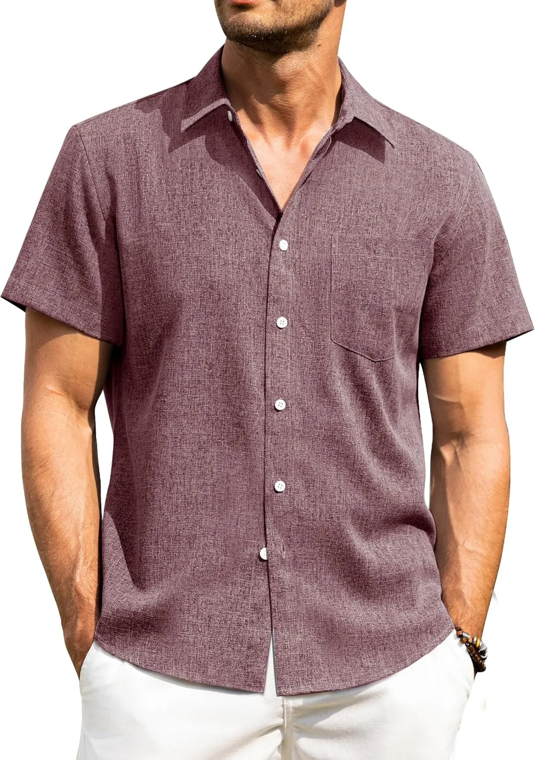 Alimens & Gentle Mens Linen Shirts Short Sleeve Button Down Shirts Wrinkle Free Casual Vacation Beach Summer Tops