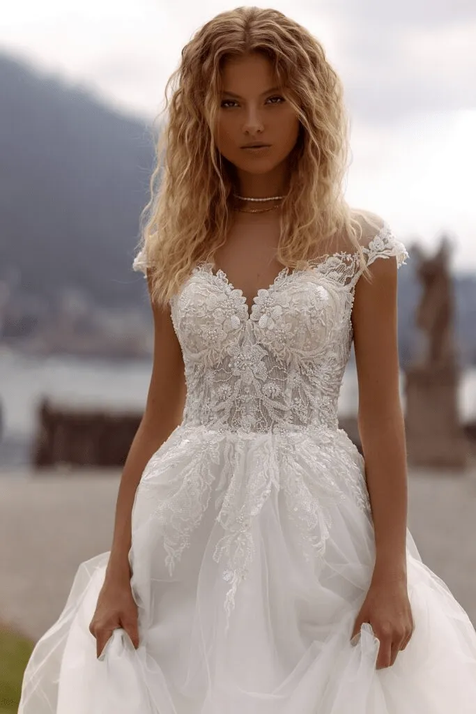 Aline Wedding Dress with Lace Sleeves- Floral Lace Wedding Dress - Corset Wedding Gown Plus Size