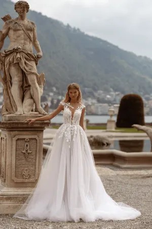 Aline Wedding Dress with Lace Sleeves - Foral Lace Wedding Dress - Sheer Corset Dress with Train Plus Size