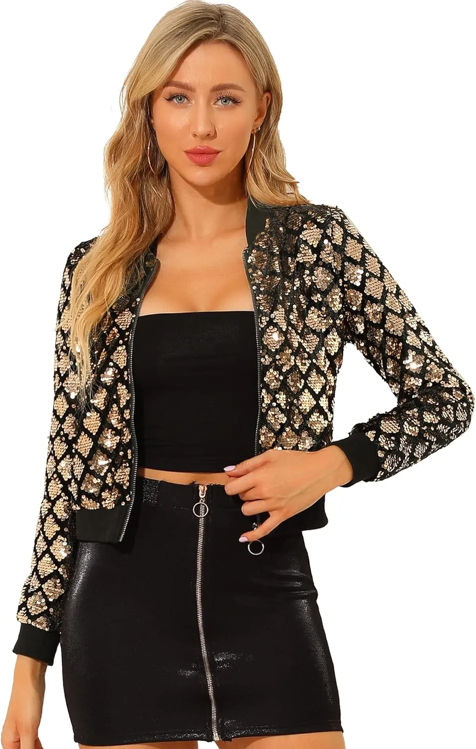 Allegra K Women's Sequin Jacket Long Sleeve Zipper Shiny Glitter Tops Sparkly Shirts Casual Bomber Jackets