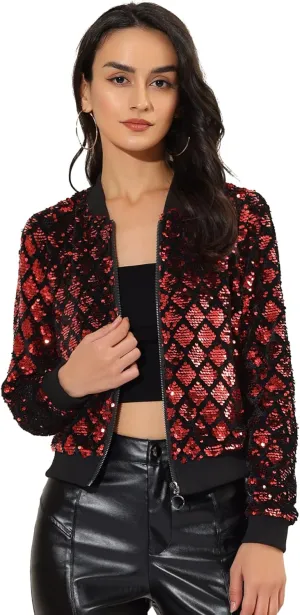 Allegra K Women's Sequin Long Sleeve Zip Up Cropped Glitter Party Sparkly Bomber Jacket