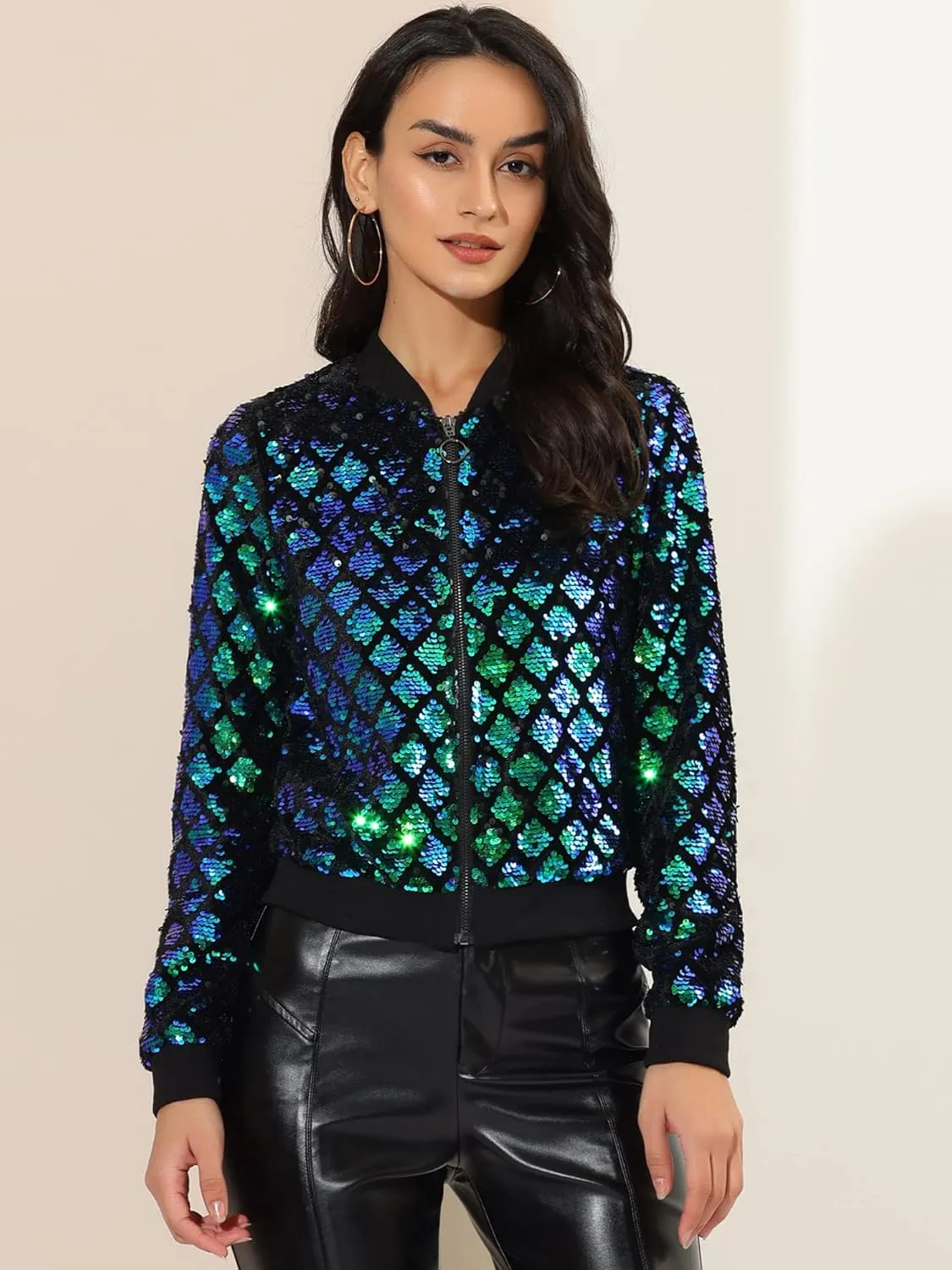 Allegra K Women's Sequin Long Sleeve Zip Up Cropped Glitter Party Sparkly Bomber Jacket