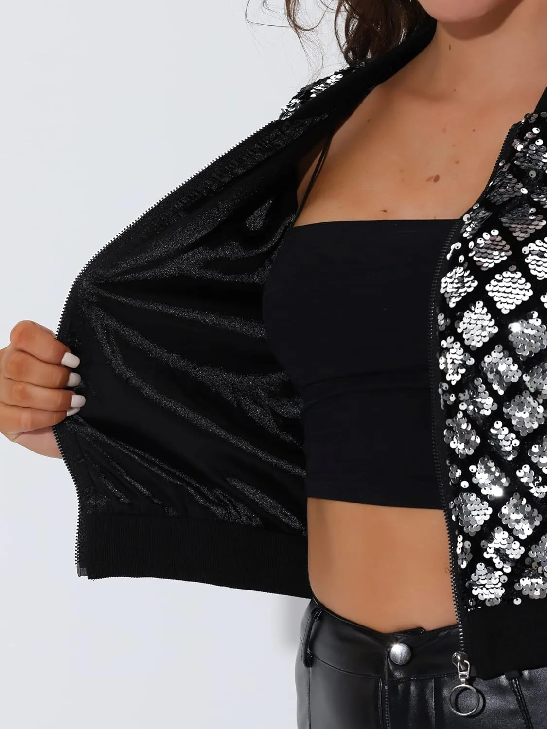 Allegra K Women's Sequin Long Sleeve Zip Up Cropped Glitter Party Sparkly Bomber Jacket