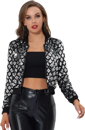 Allegra K Women's Sequin Long Sleeve Zip Up Cropped Glitter Party Sparkly Bomber Jacket