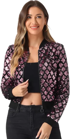 Allegra K Women's Sequin Long Sleeve Zip Up Cropped Glitter Party Sparkly Bomber Jacket