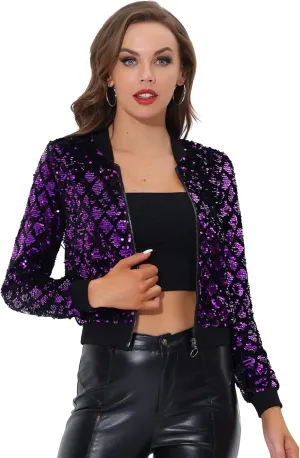 Allegra K Women's Sequin Long Sleeve Zip Up Cropped Glitter Party Sparkly Bomber Jacket