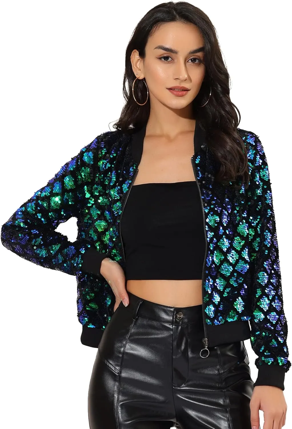 Allegra K Women's Sequin Long Sleeve Zip Up Cropped Glitter Party Sparkly Bomber Jacket