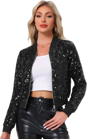 Allegra K Women's Sequin Long Sleeve Zip Up Cropped Glitter Party Sparkly Bomber Jacket