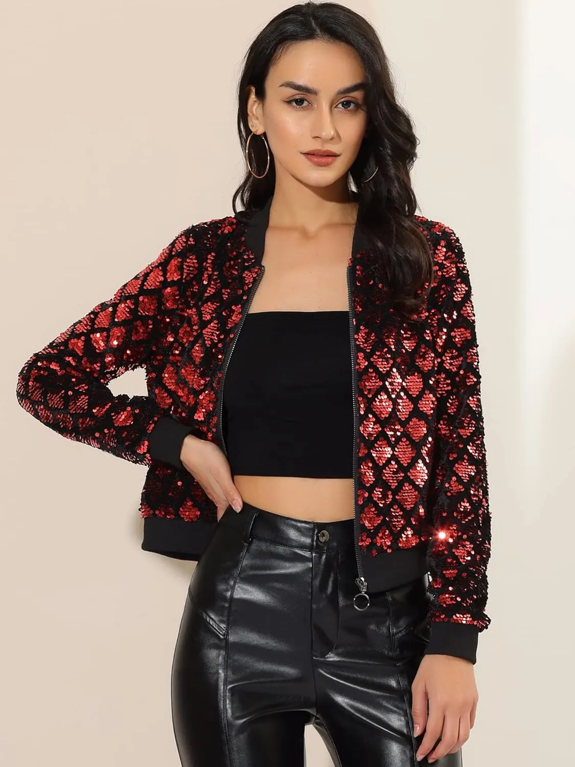 Allegra K Women's Sequin Long Sleeve Zip Up Cropped Glitter Party Sparkly Bomber Jacket