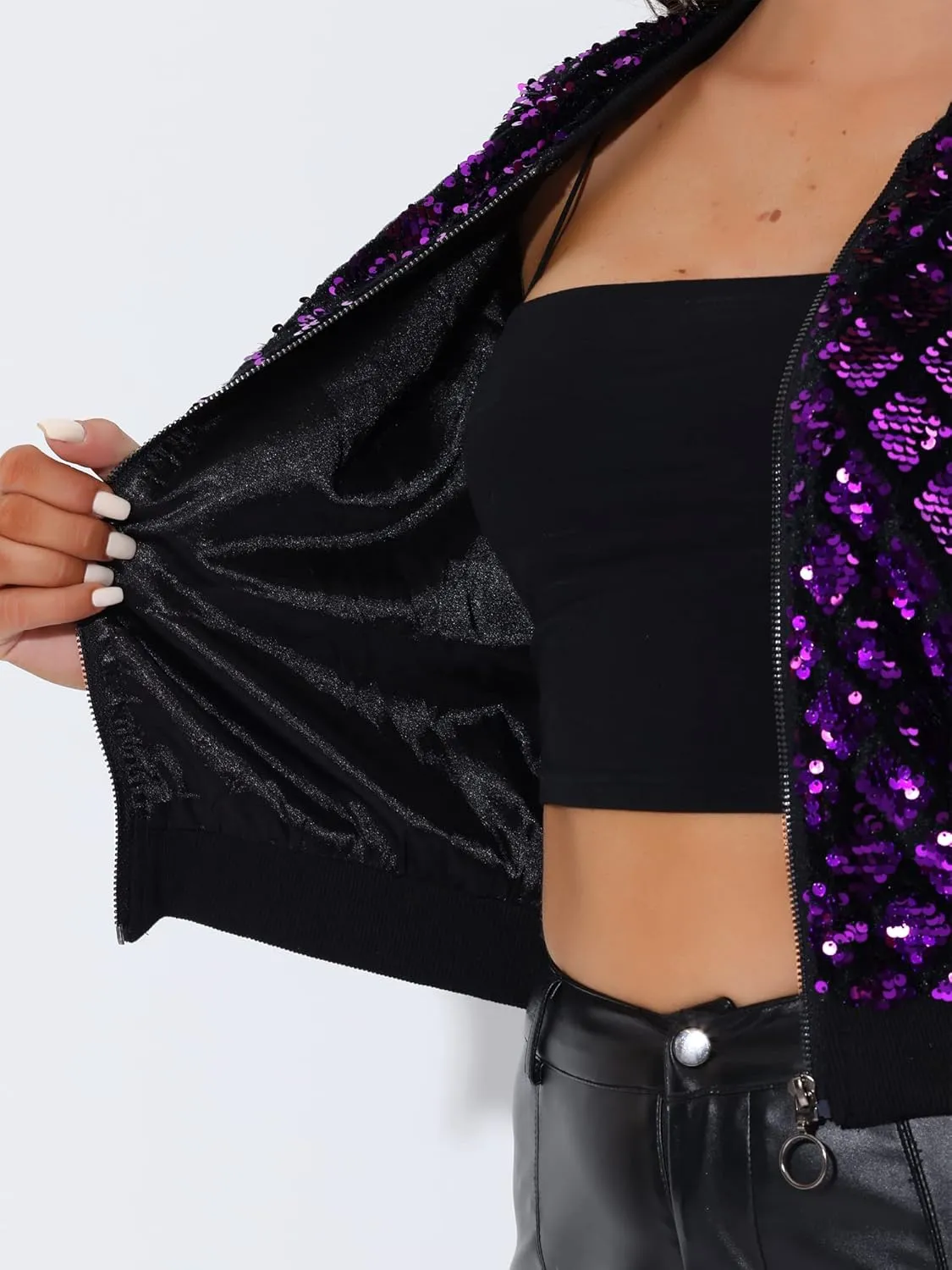 Allegra K Women's Sequin Long Sleeve Zip Up Cropped Glitter Party Sparkly Bomber Jacket