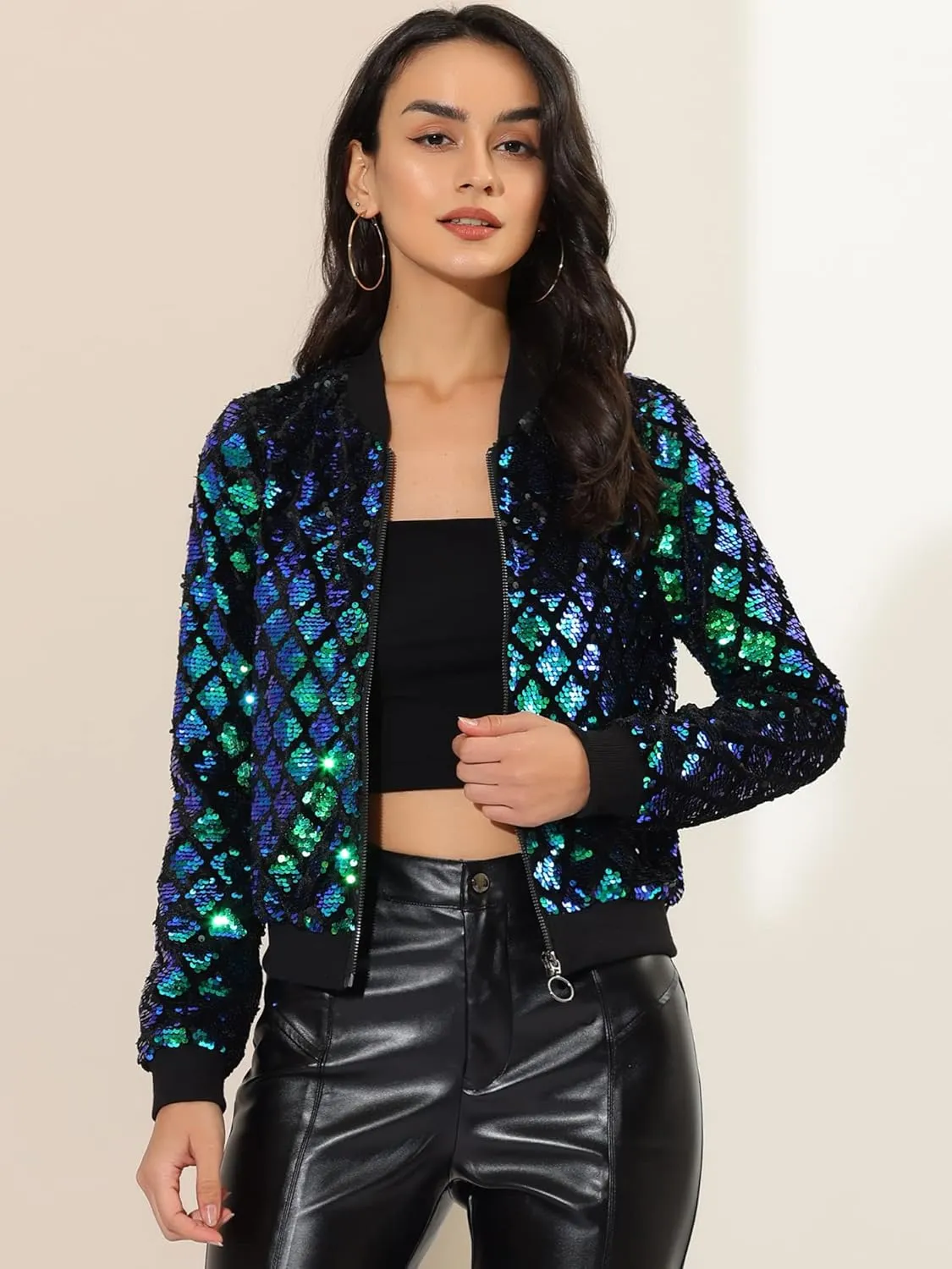 Allegra K Women's Sequin Long Sleeve Zip Up Cropped Glitter Party Sparkly Bomber Jacket