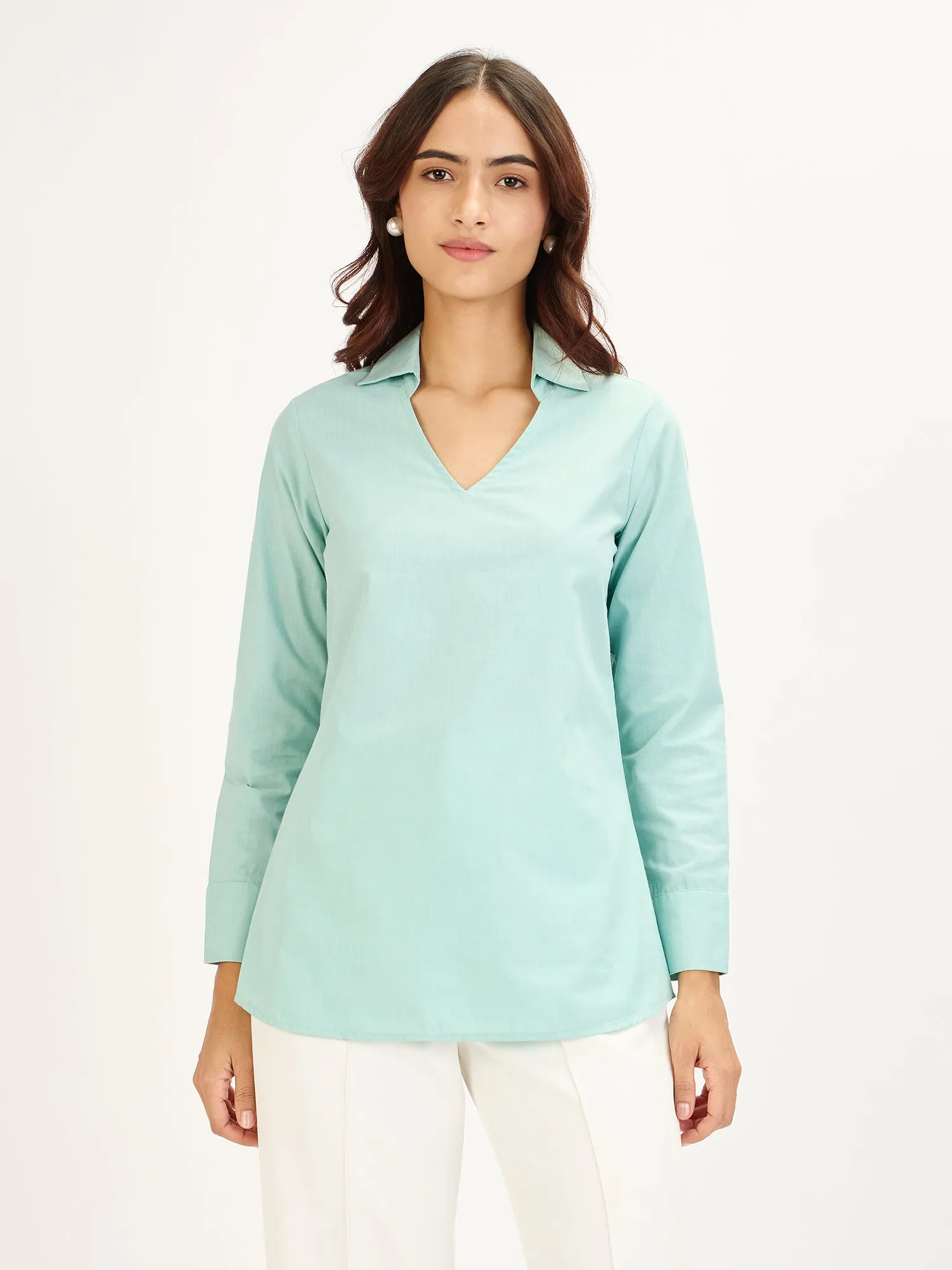 Allure Collared Long Top-Aqua