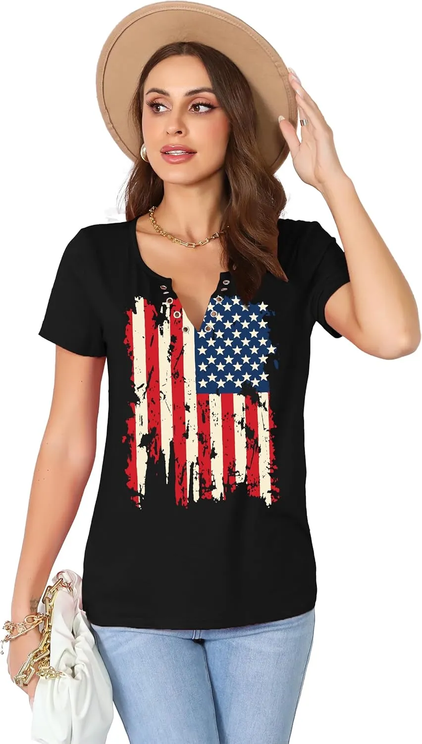 American Flag Shirt Tops Womens 4th of July T-Shirts Ring Hole Short Sleeve Sexy V-Neck Patriotic Tees