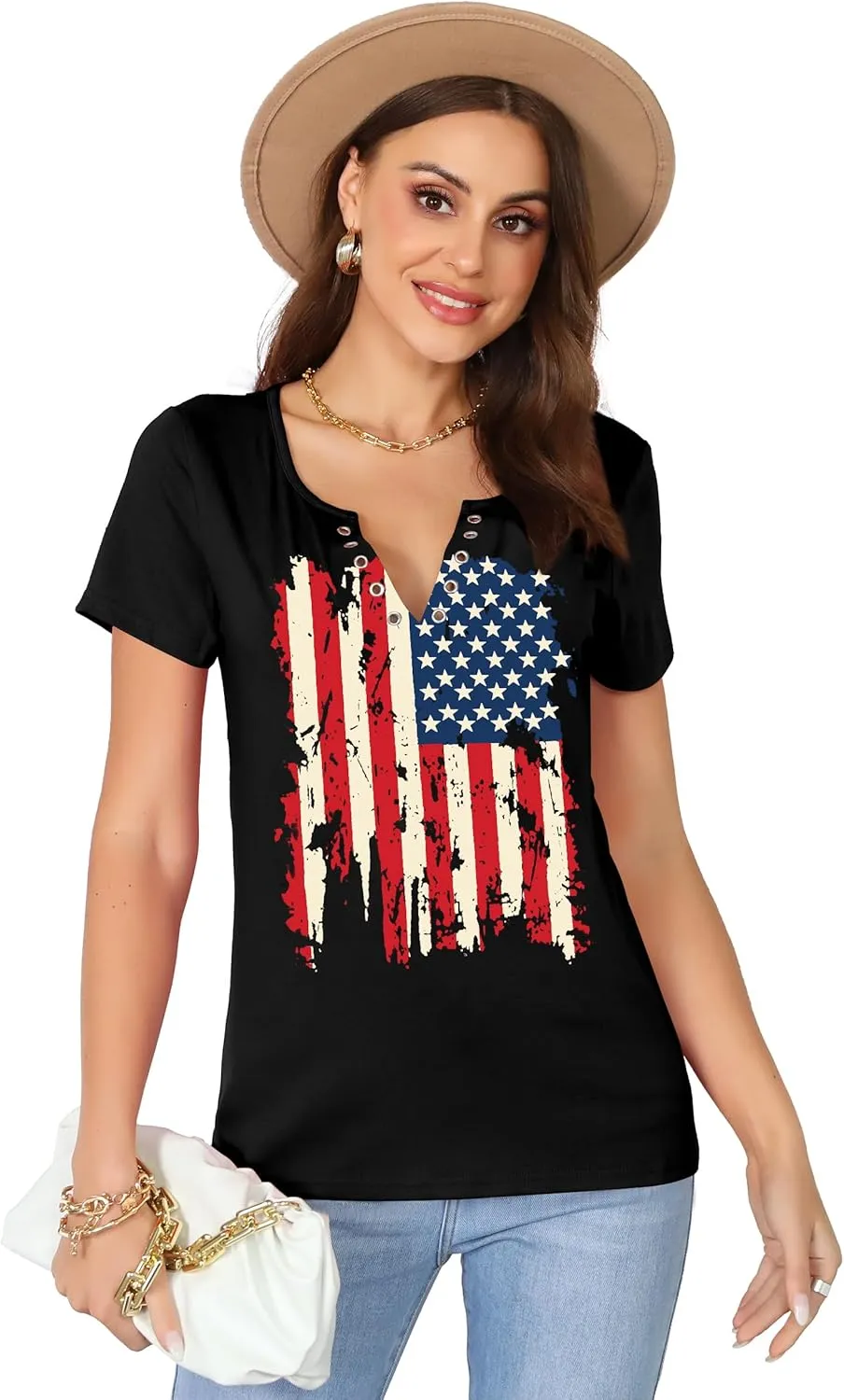 American Flag Shirt Tops Womens 4th of July T-Shirts Ring Hole Short Sleeve Sexy V-Neck Patriotic Tees
