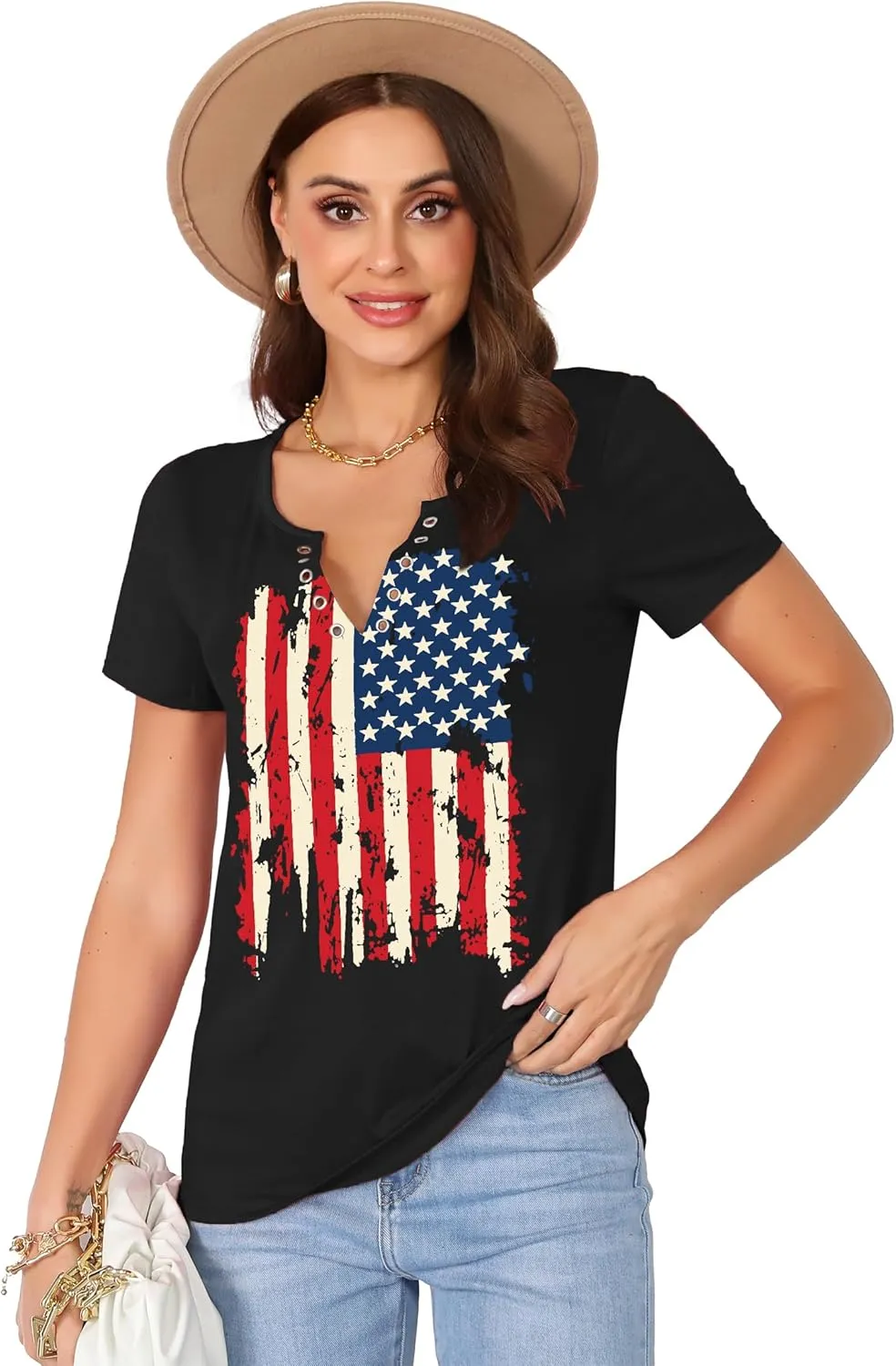 American Flag Shirt Tops Womens 4th of July T-Shirts Ring Hole Short Sleeve Sexy V-Neck Patriotic Tees