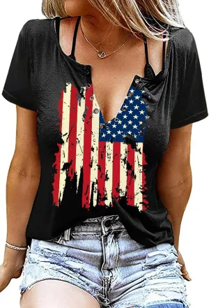 American Flag Shirt Tops Womens 4th of July T-Shirts Ring Hole Short Sleeve Sexy V-Neck Patriotic Tees
