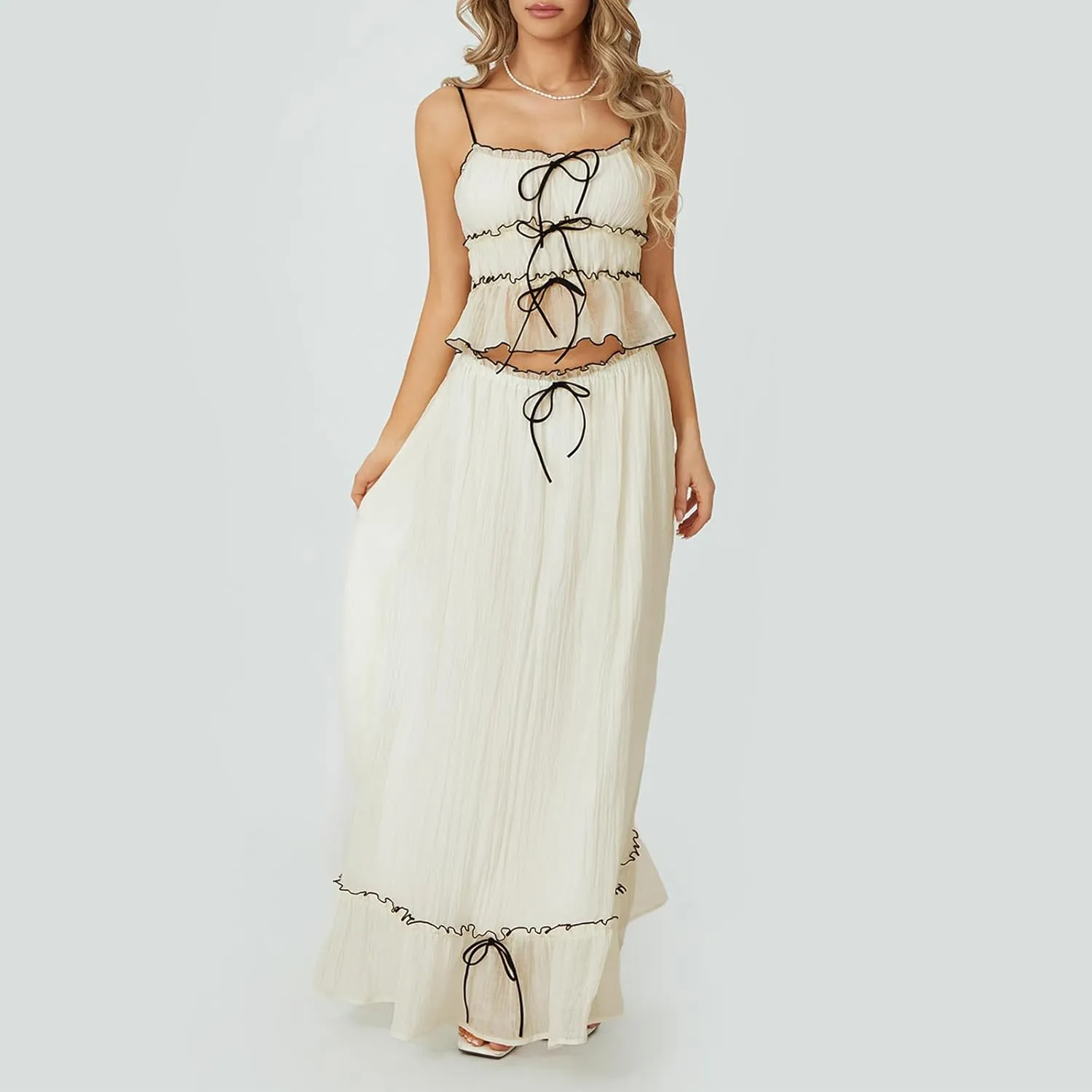 Amiblvowa Women Y2k 2 Piece Maxi Skirt Set Backless Smocked Lace Halter Crop Top Tiered Flowy Long Skirt Beach Clubwear