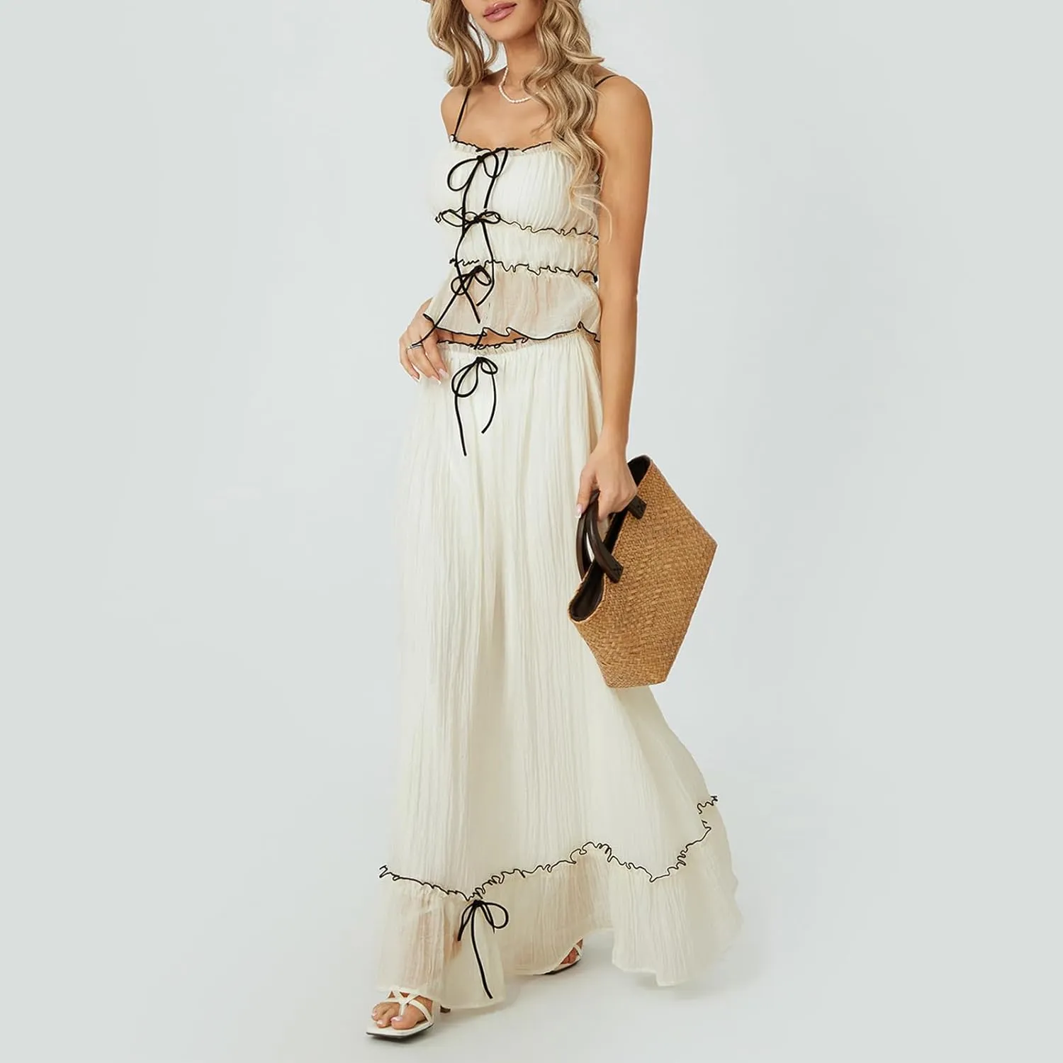 Amiblvowa Women Y2k 2 Piece Maxi Skirt Set Backless Smocked Lace Halter Crop Top Tiered Flowy Long Skirt Beach Clubwear