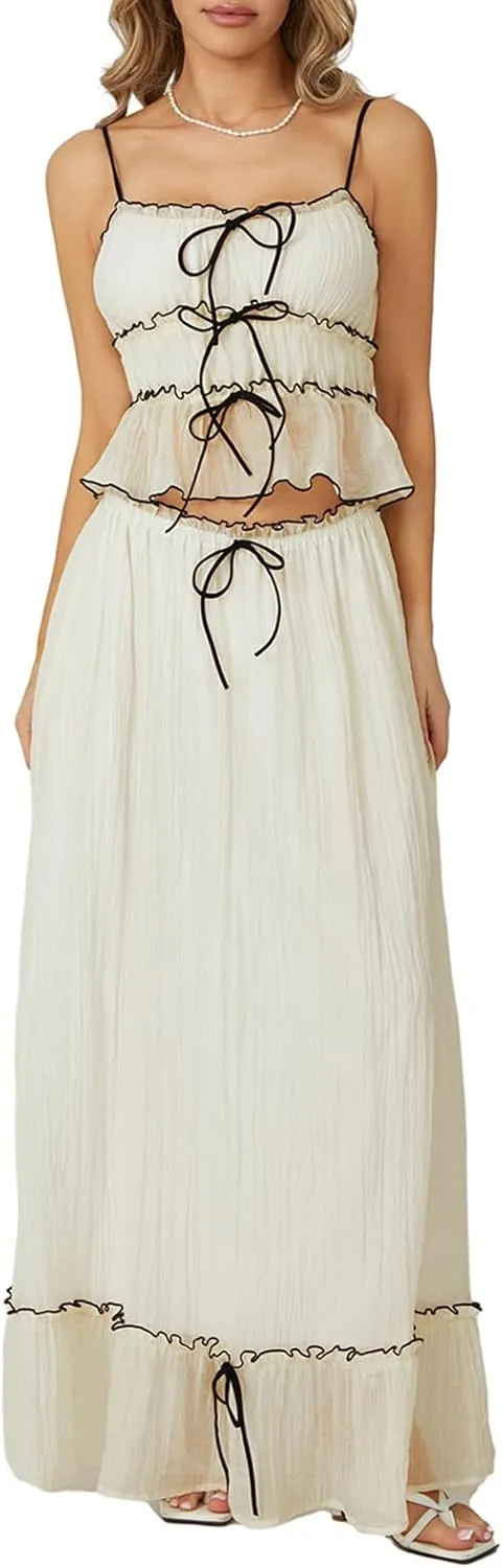 Amiblvowa Women Y2k 2 Piece Maxi Skirt Set Backless Smocked Lace Halter Crop Top Tiered Flowy Long Skirt Beach Clubwear