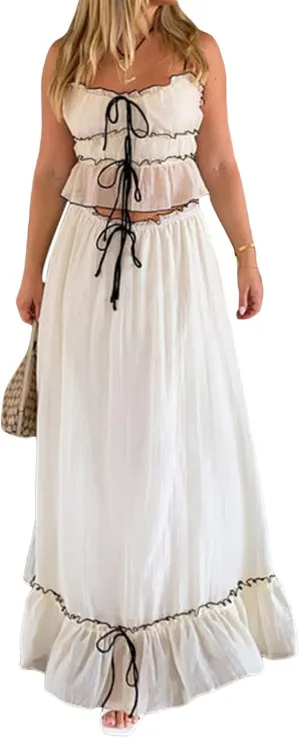 Amiblvowa Women Y2k 2 Piece Maxi Skirt Set Backless Smocked Lace Halter Crop Top Tiered Flowy Long Skirt Beach Clubwear