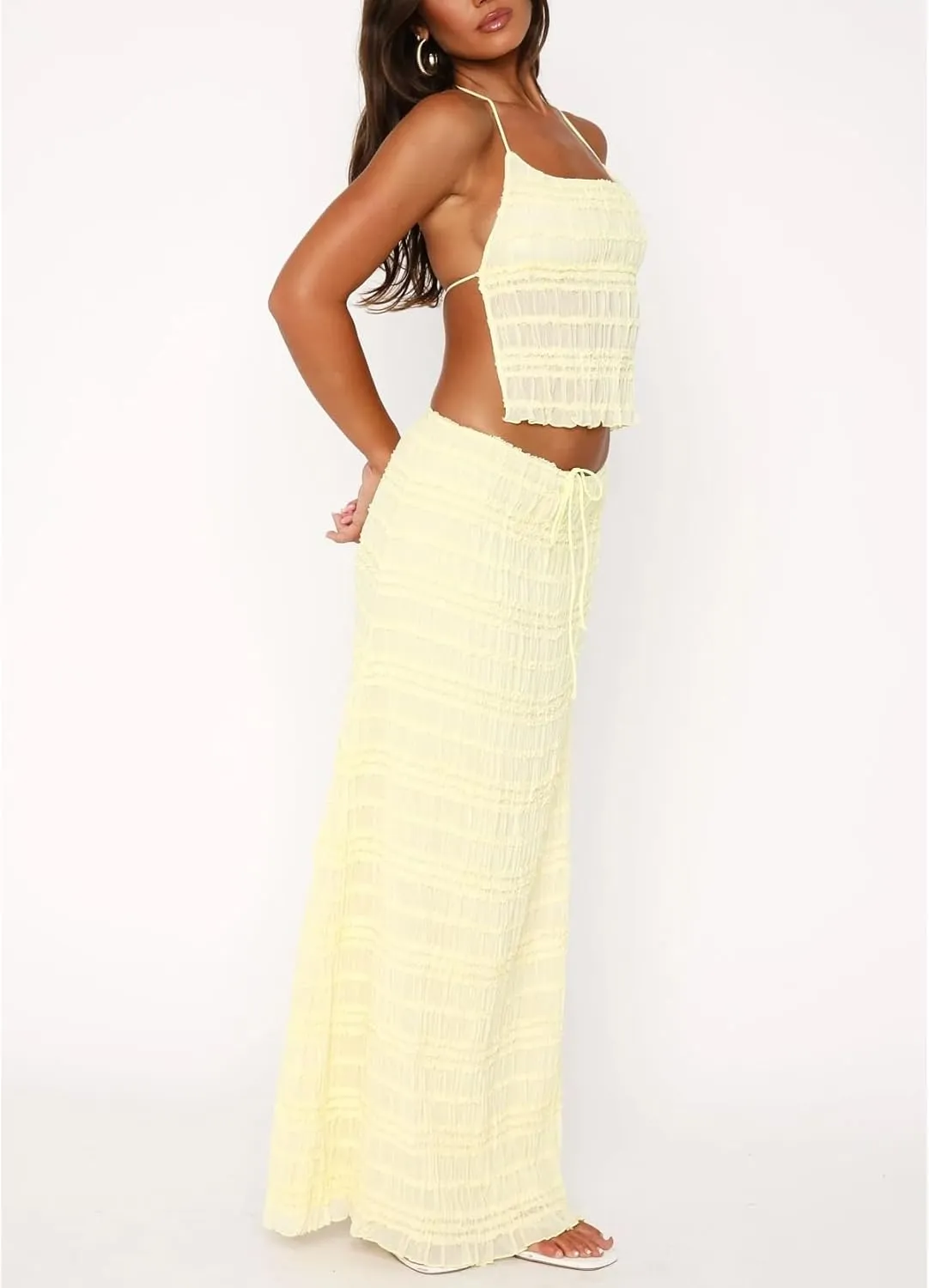 Amiblvowa Women Y2k 2 Piece Maxi Skirt Set Backless Smocked Lace Halter Crop Top Tiered Flowy Long Skirt Club Streetwear