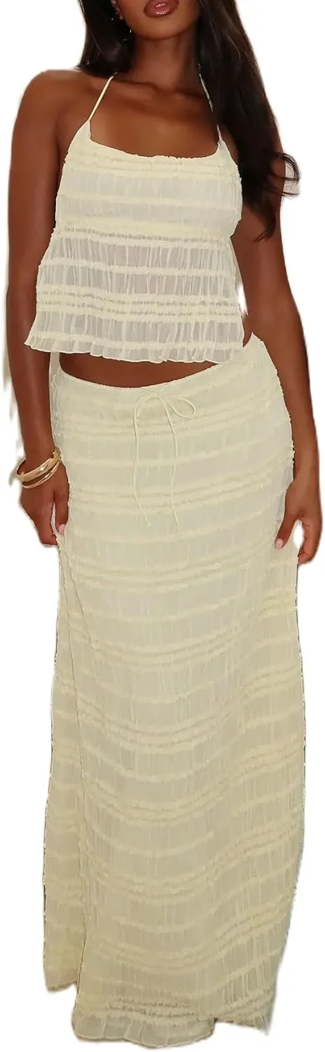 Amiblvowa Women Y2k 2 Piece Maxi Skirt Set Backless Smocked Lace Halter Crop Top Tiered Flowy Long Skirt Club Streetwear