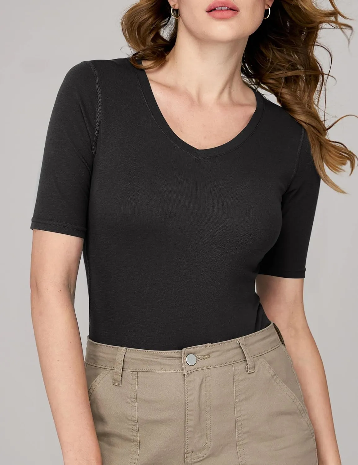 Amoretu Women's V Neck T Shirts Slim Fitted Half Sleeve Tops Basic Tees