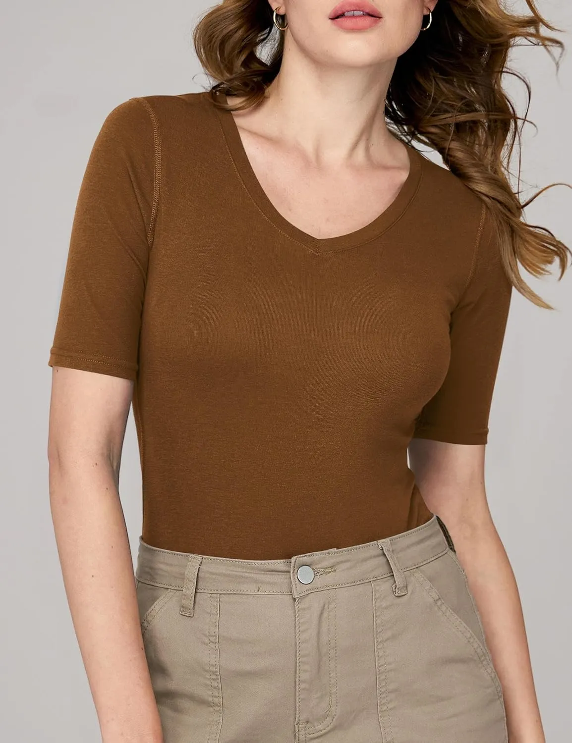 Amoretu Women's V Neck T Shirts Slim Fitted Half Sleeve Tops Basic Tees