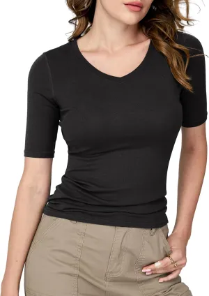 Amoretu Women's V Neck T Shirts Slim Fitted Half Sleeve Tops Basic Tees