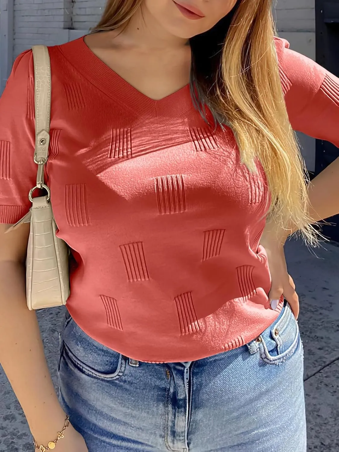 ANRABESS Summer Tops for Women Short Sleeve V Neck Sweaters Dressy Casual Blouses Lightweight Thin Knit Fashion Shirts
