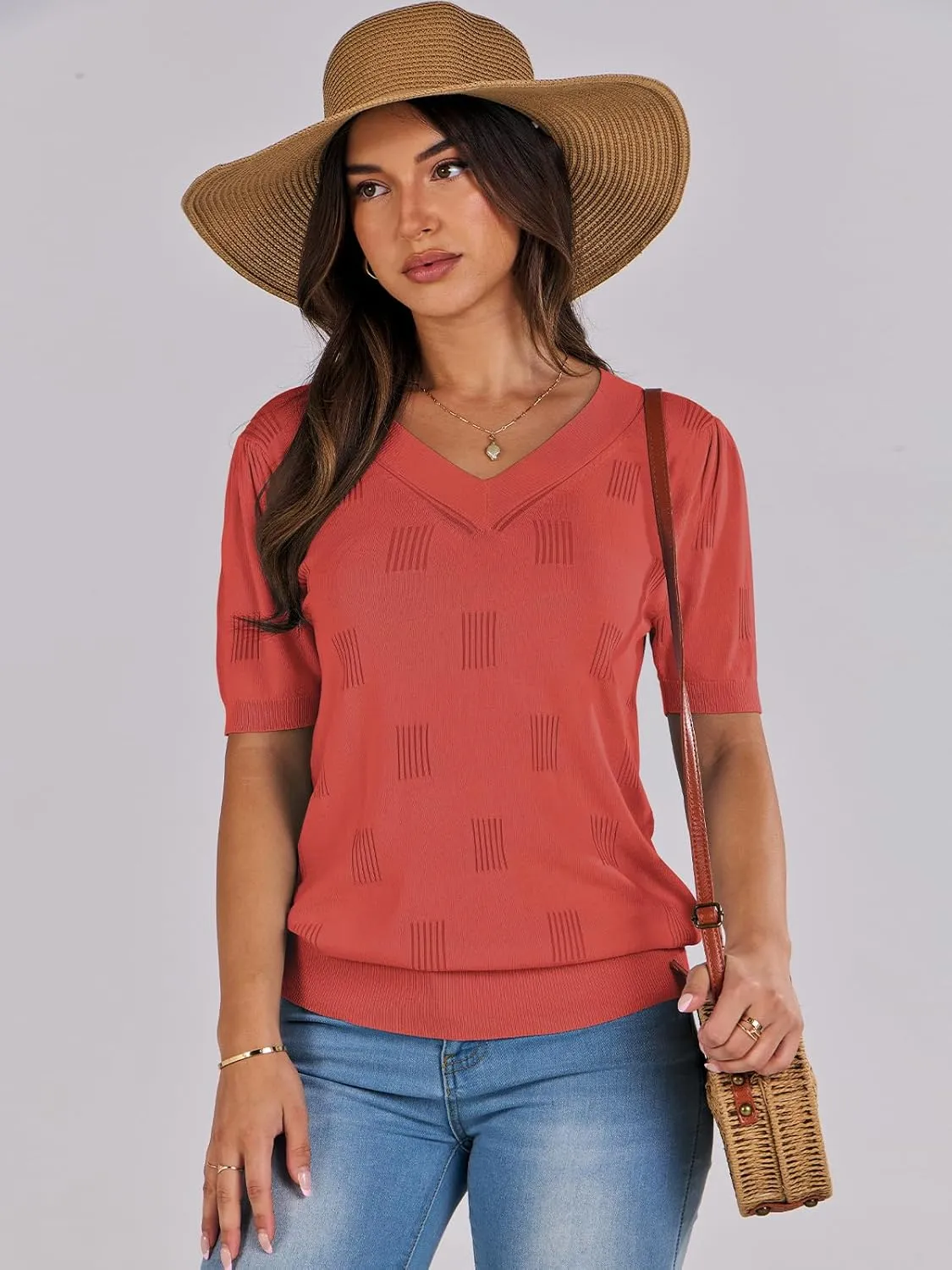 ANRABESS Summer Tops for Women Short Sleeve V Neck Sweaters Dressy Casual Blouses Lightweight Thin Knit Fashion Shirts