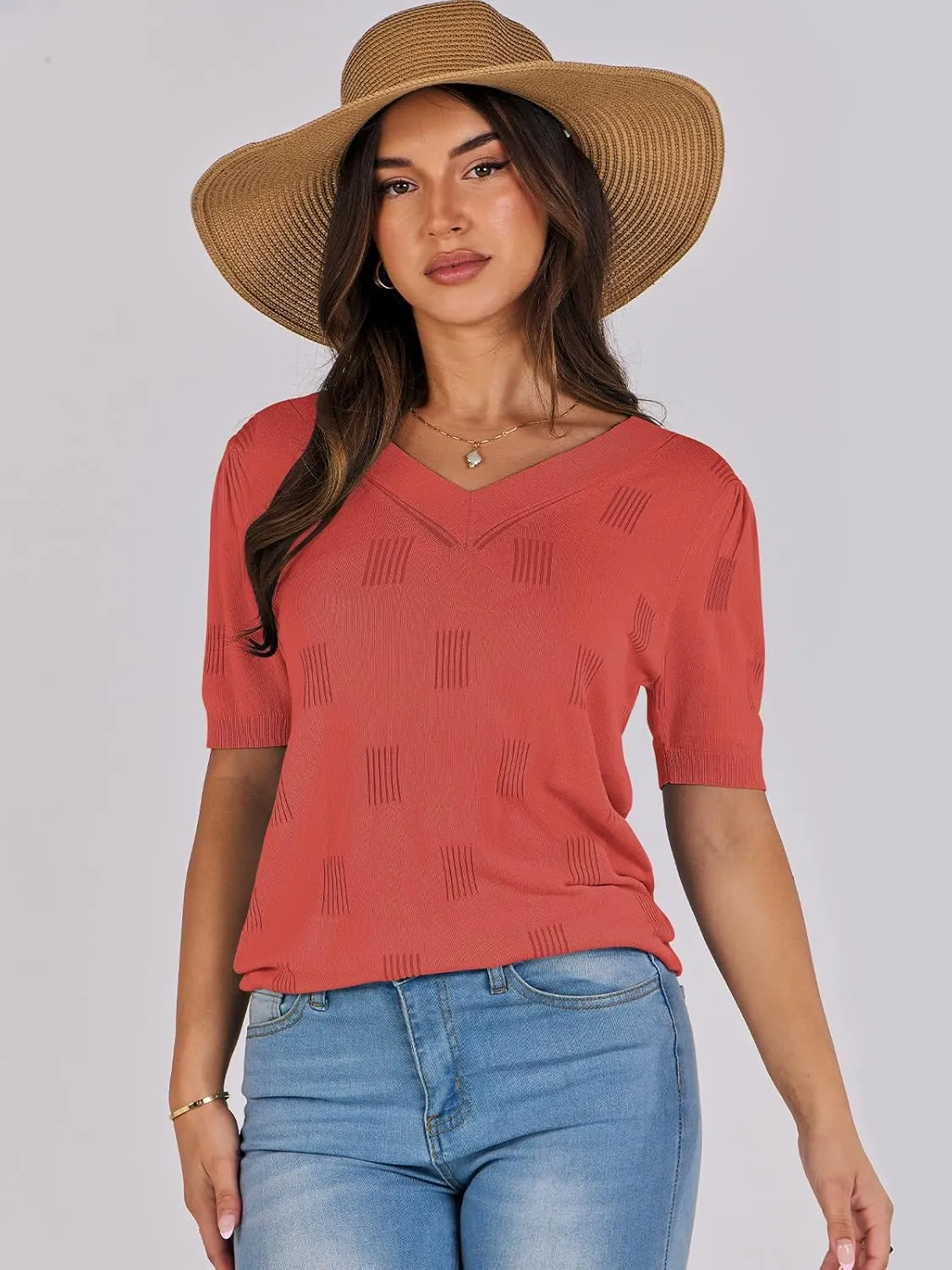 ANRABESS Summer Tops for Women Short Sleeve V Neck Sweaters Dressy Casual Blouses Lightweight Thin Knit Fashion Shirts