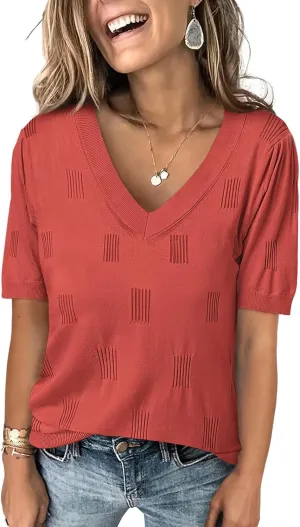 ANRABESS Summer Tops for Women Short Sleeve V Neck Sweaters Dressy Casual Blouses Lightweight Thin Knit Fashion Shirts