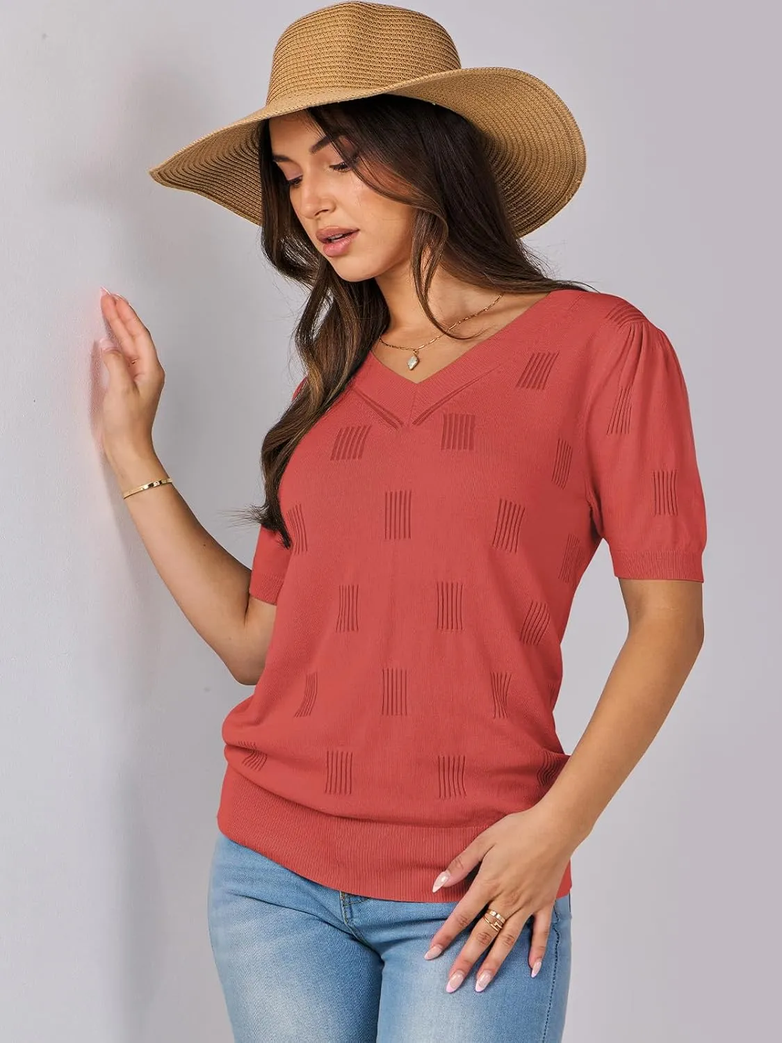 ANRABESS Summer Tops for Women Short Sleeve V Neck Sweaters Dressy Casual Blouses Lightweight Thin Knit Fashion Shirts