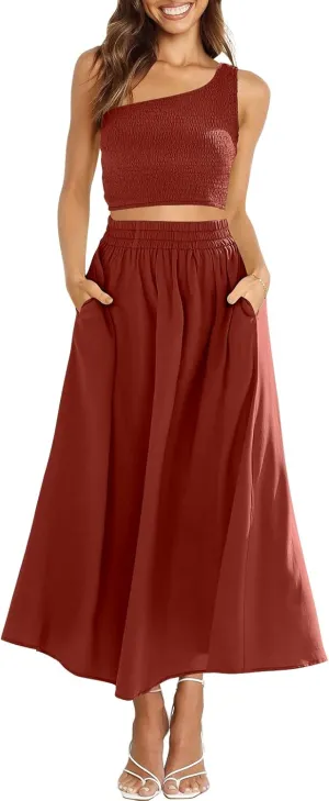 ANRABESS Women's 2 Pieces Outfits One Shoulder Smocked Crop Top & High Waist Long Skirt Dress Set with Pockets