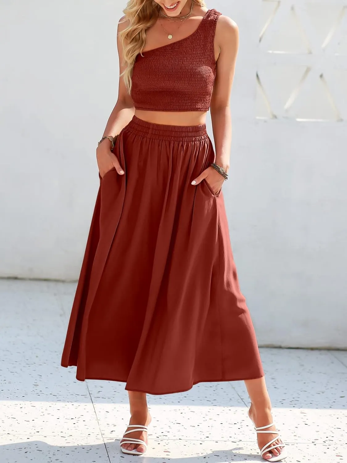 ANRABESS Women's 2 Pieces Outfits One Shoulder Smocked Crop Top & High Waist Long Skirt Dress Set with Pockets