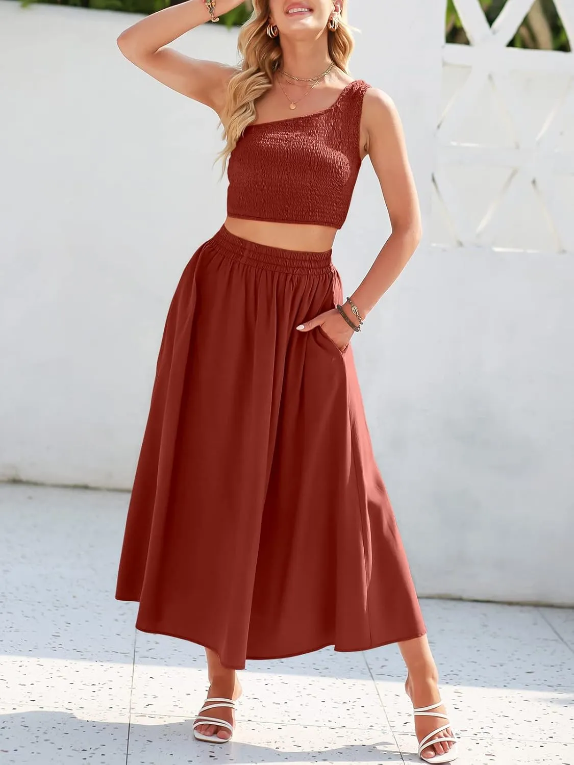 ANRABESS Women's 2 Pieces Outfits One Shoulder Smocked Crop Top & High Waist Long Skirt Dress Set with Pockets