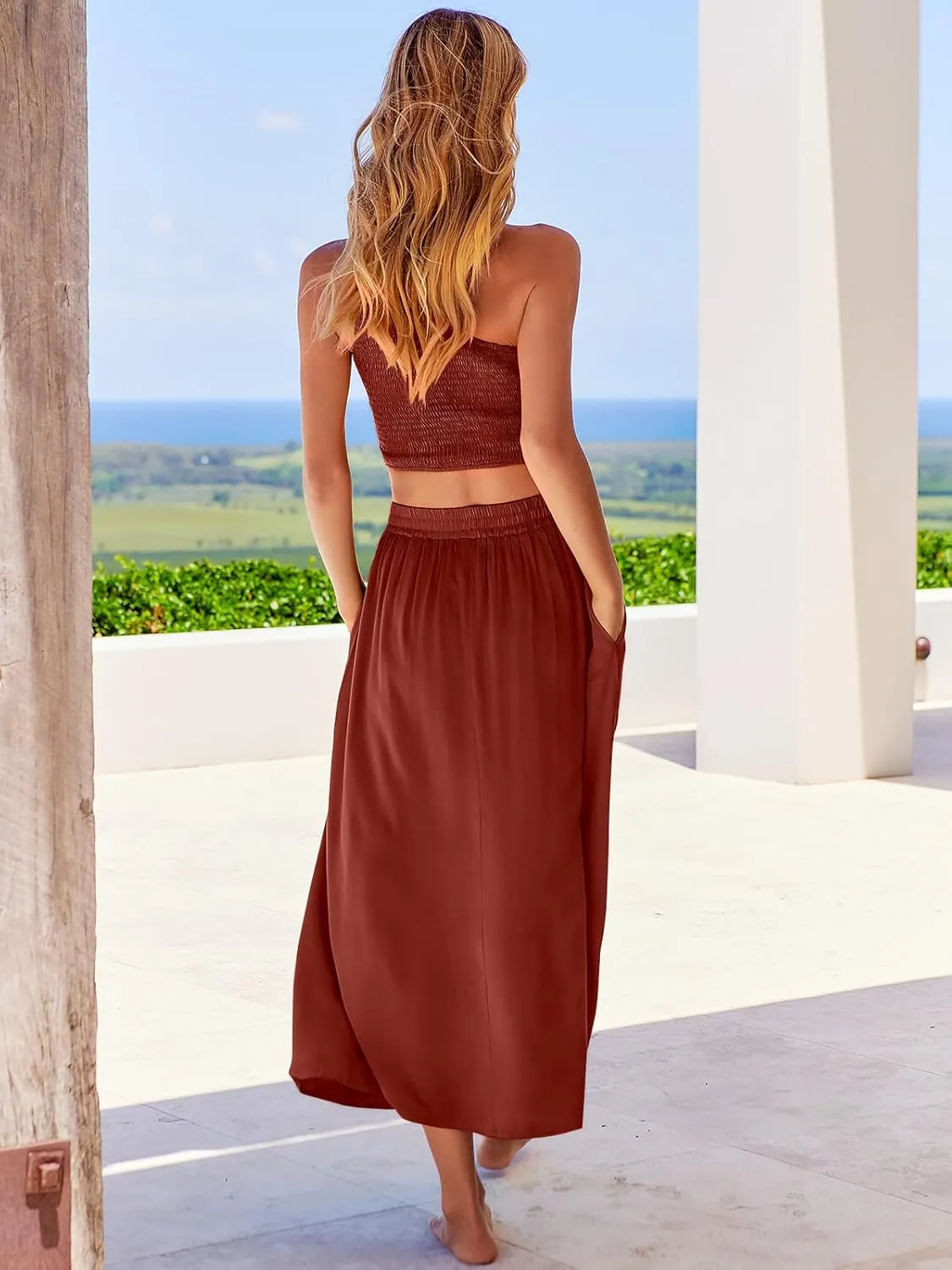 ANRABESS Women's 2 Pieces Outfits One Shoulder Smocked Crop Top & High Waist Long Skirt Dress Set with Pockets