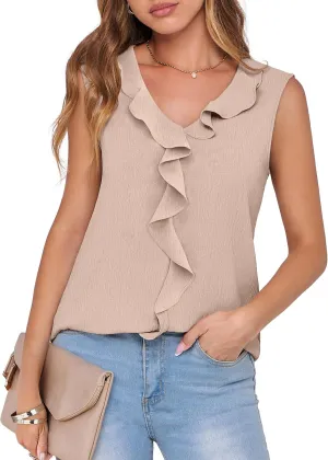 ANRABESS Womens Summer Tank Tops V Neck Sleeveless Ruffle Business Texture Shirts 2025 Ladies Casual Dressy Blouses Outfits