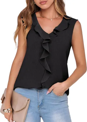 ANRABESS Womens Summer Tank Tops V Neck Sleeveless Ruffle Business Texture Shirts 2025 Ladies Casual Dressy Blouses Outfits