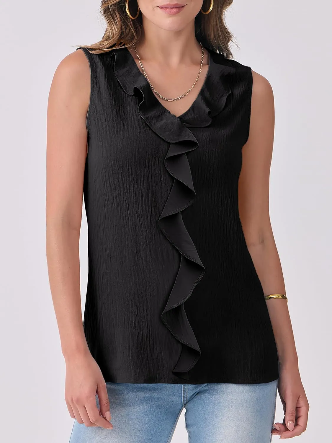 ANRABESS Womens Summer Tank Tops V Neck Sleeveless Ruffle Business Texture Shirts 2025 Ladies Casual Dressy Blouses Outfits