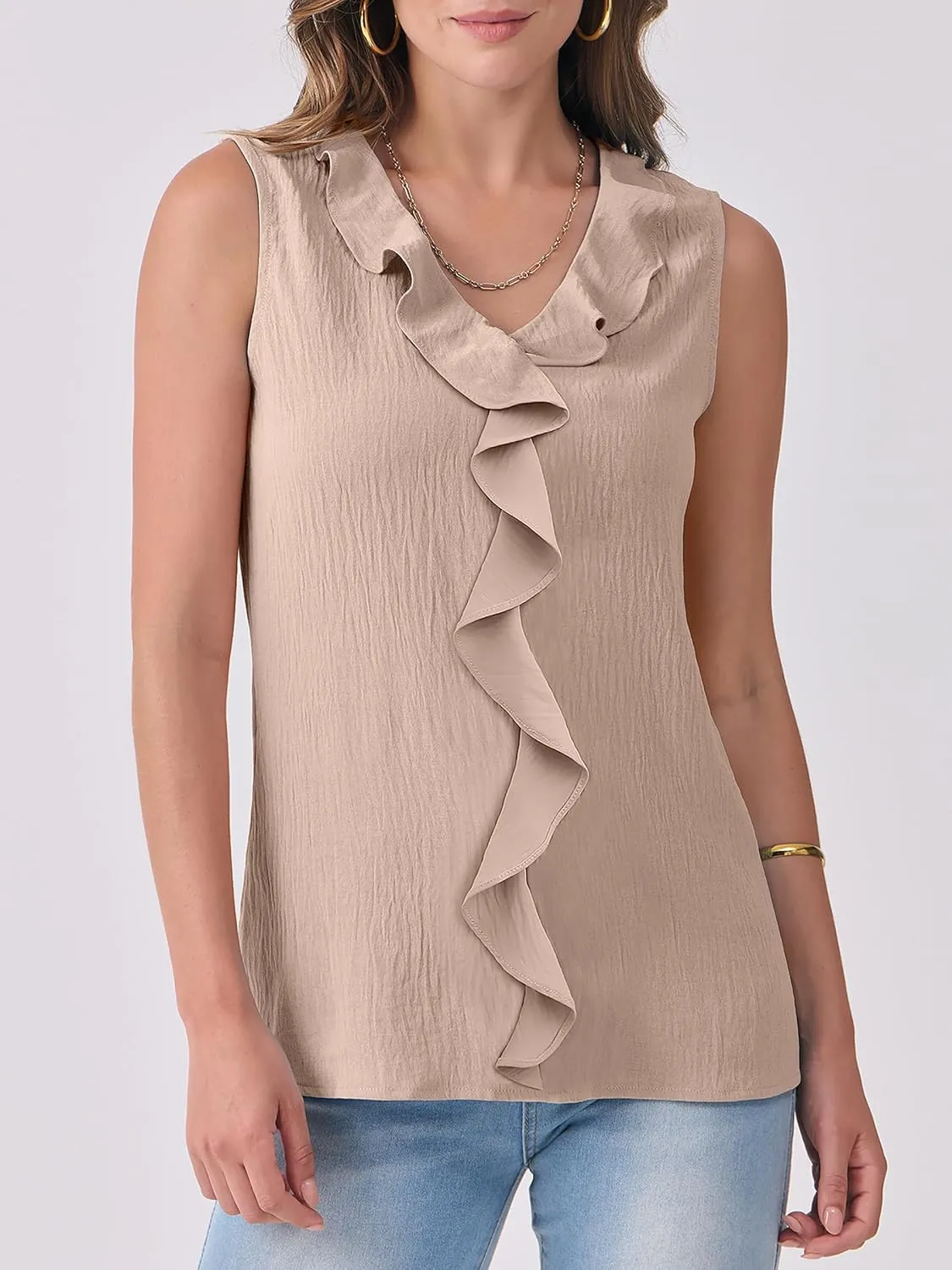 ANRABESS Womens Summer Tank Tops V Neck Sleeveless Ruffle Business Texture Shirts 2025 Ladies Casual Dressy Blouses Outfits