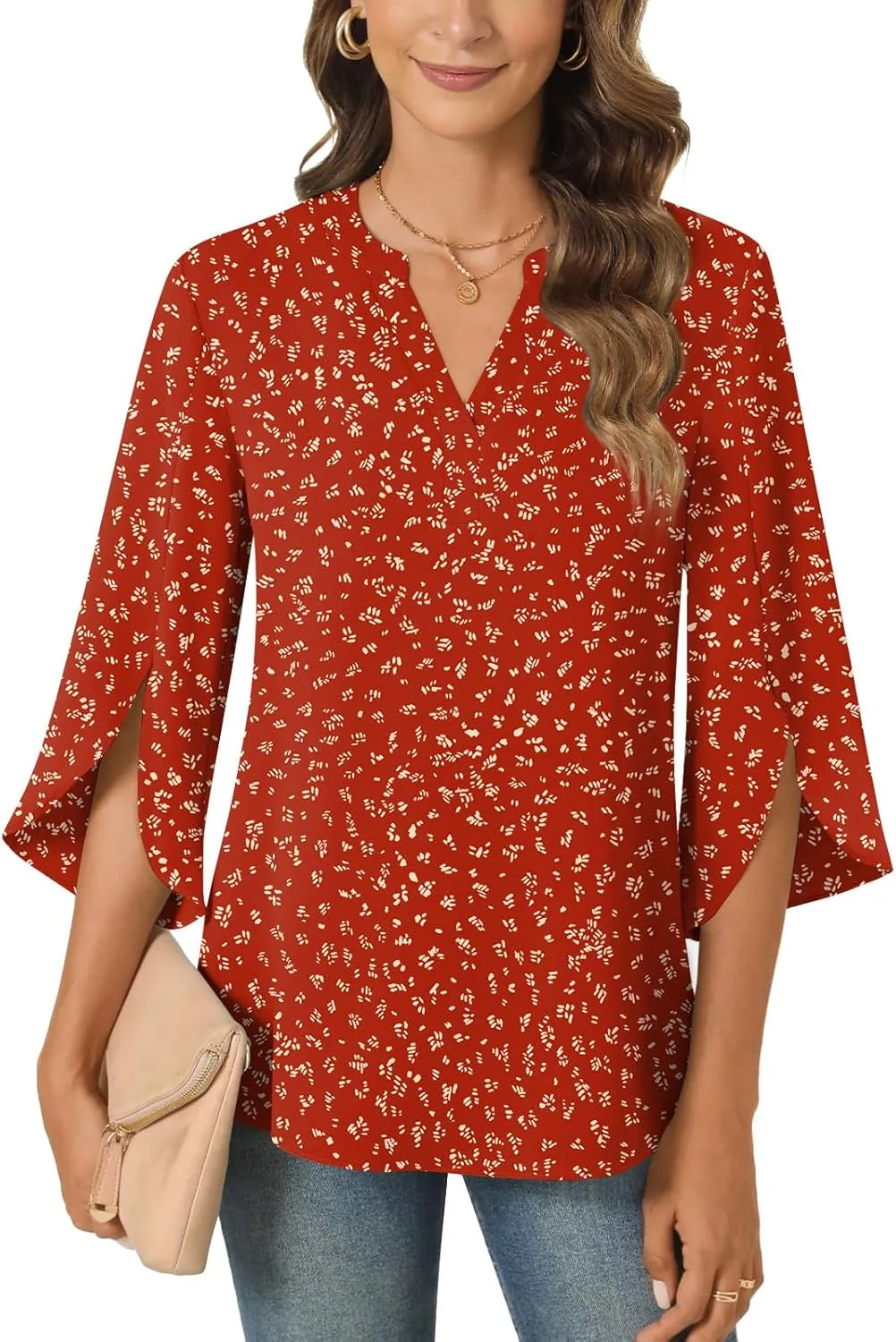 Anyally Women's Chiffon Blouses 3/4 Sleeve Summer Dressy Tunic Tops Casual Loose V Neck T-Shirts